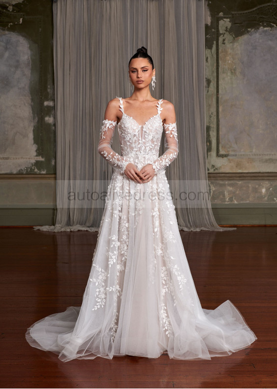 Beaded Ivory 3D Leaf Lace Tulle Romantic Wedding Dress